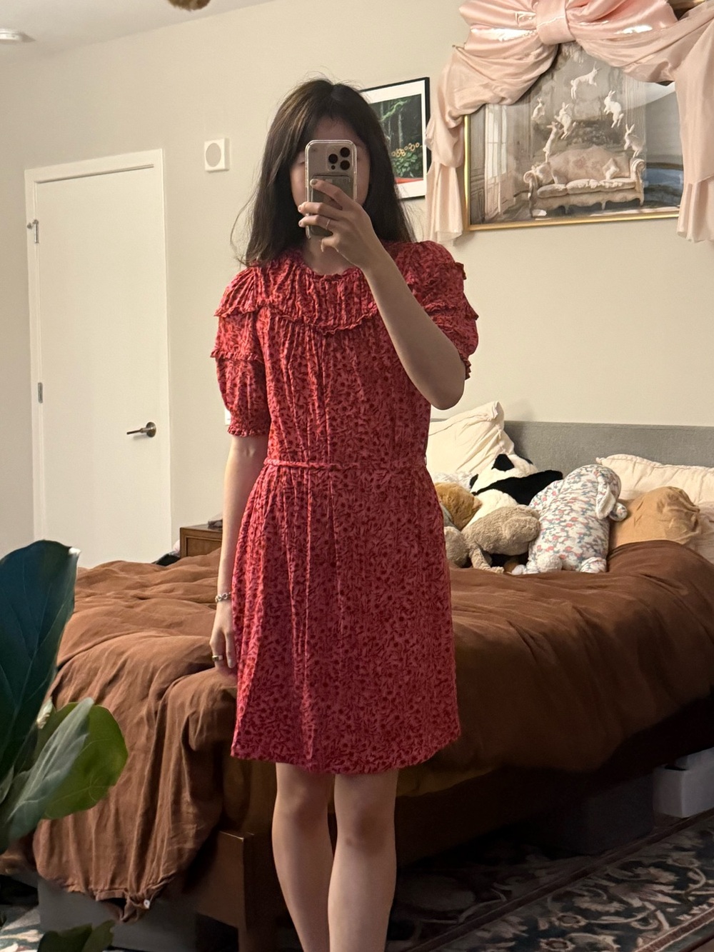 Boden Red floral yoke detail jersey mini length dress with ruffle sleeves